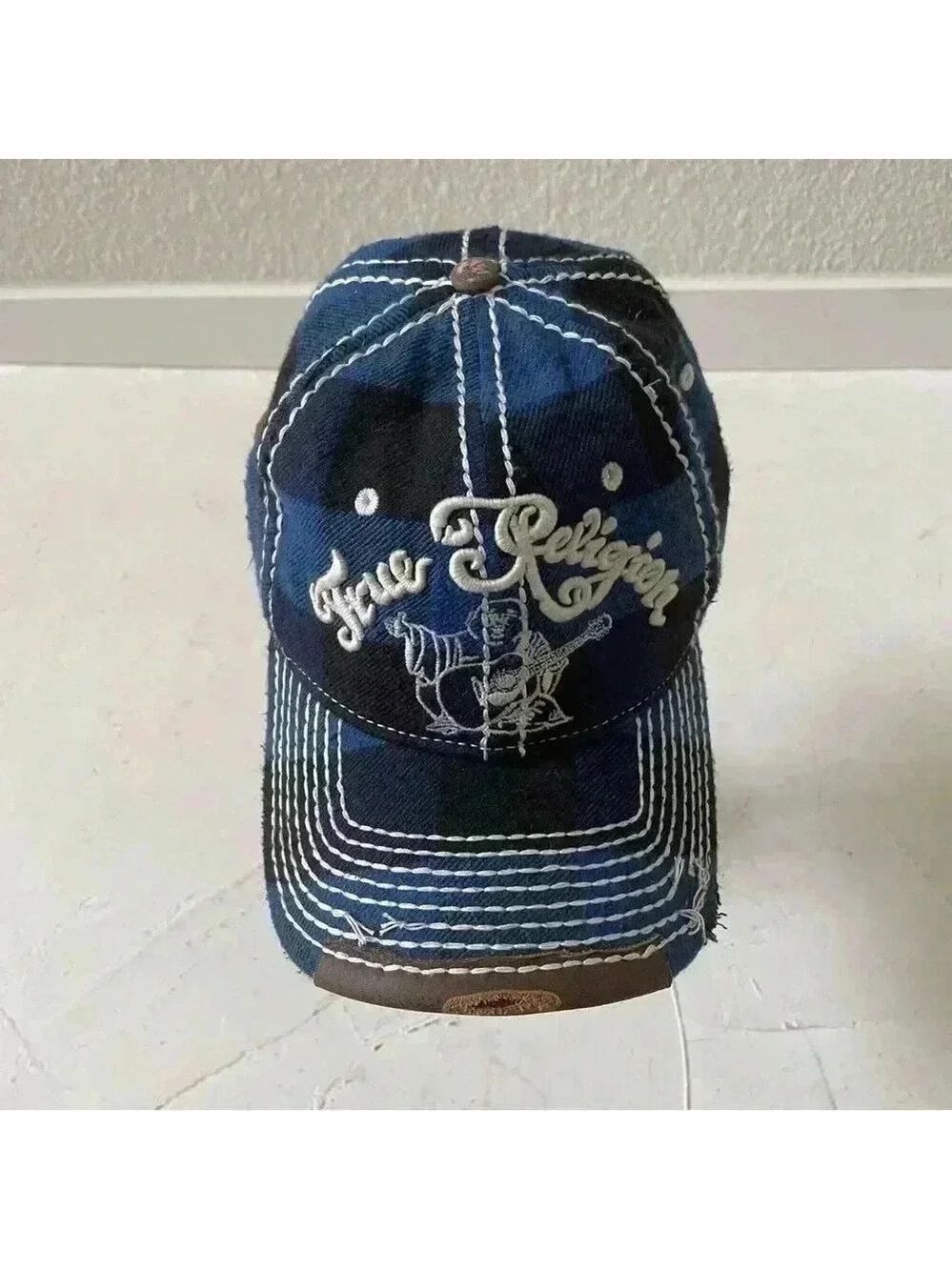 Vintage TRUE RELIGION Hat Distressed Blue Plaid Buddha Baseball Trucker RARE